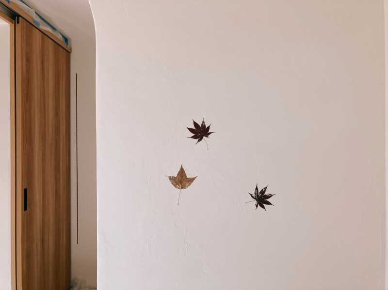 「漆喰壁に貼り付けた紅葉がアクセント♪」の画像です。